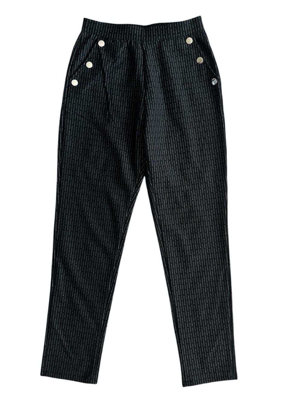 High-Waist Black Pinstripe Trousers with Decorative Buttons Size Small